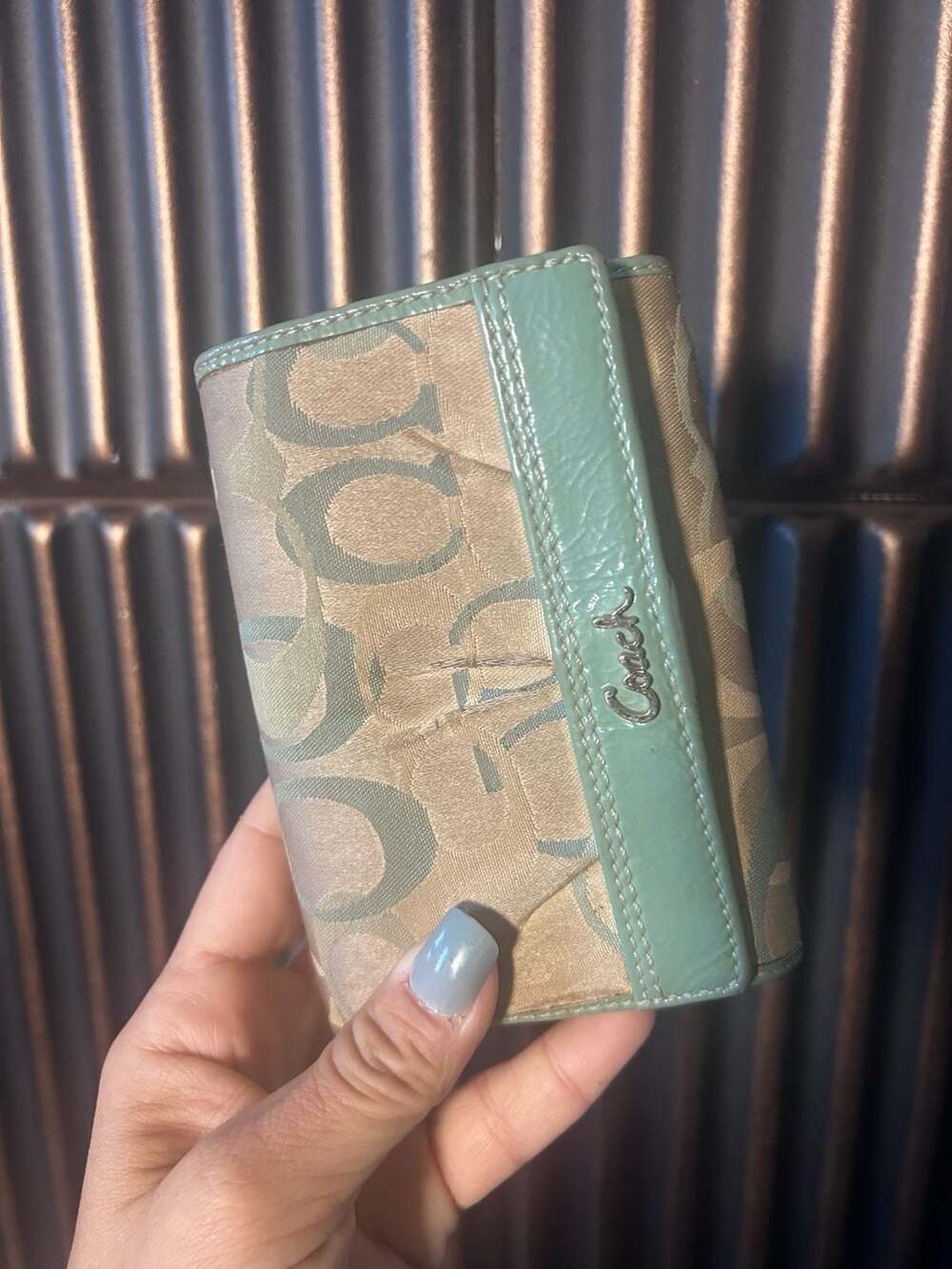 Coach Signature C Logo Small Trifold Wallet in Tan and Mint Green